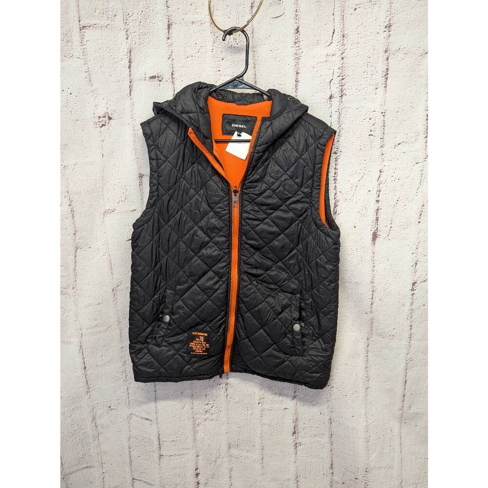 Diesel Quilted Jacket Kids 18-20 Black Puffer Vest Zip Up Jacket Hooded Vest
